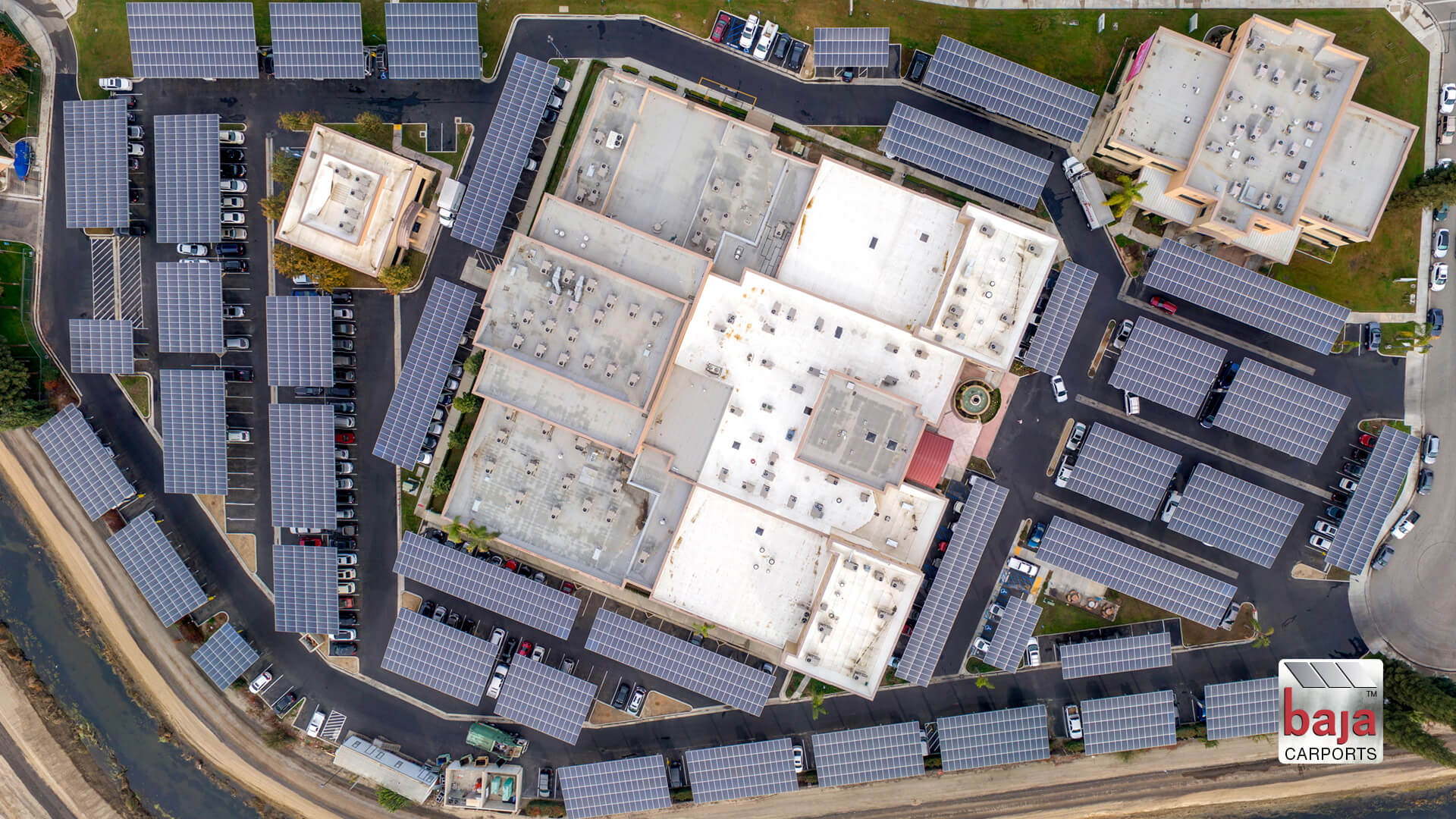stunning aerial comprehensive blood and cancer center bakersfield california solar carports installed by baja carports