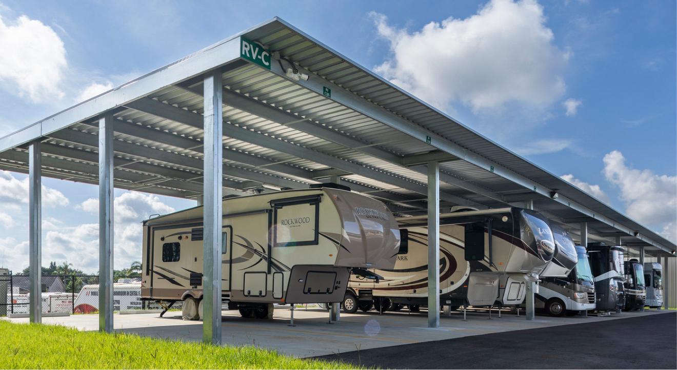 Baja Carports solar carport structures in RV storage parking lot