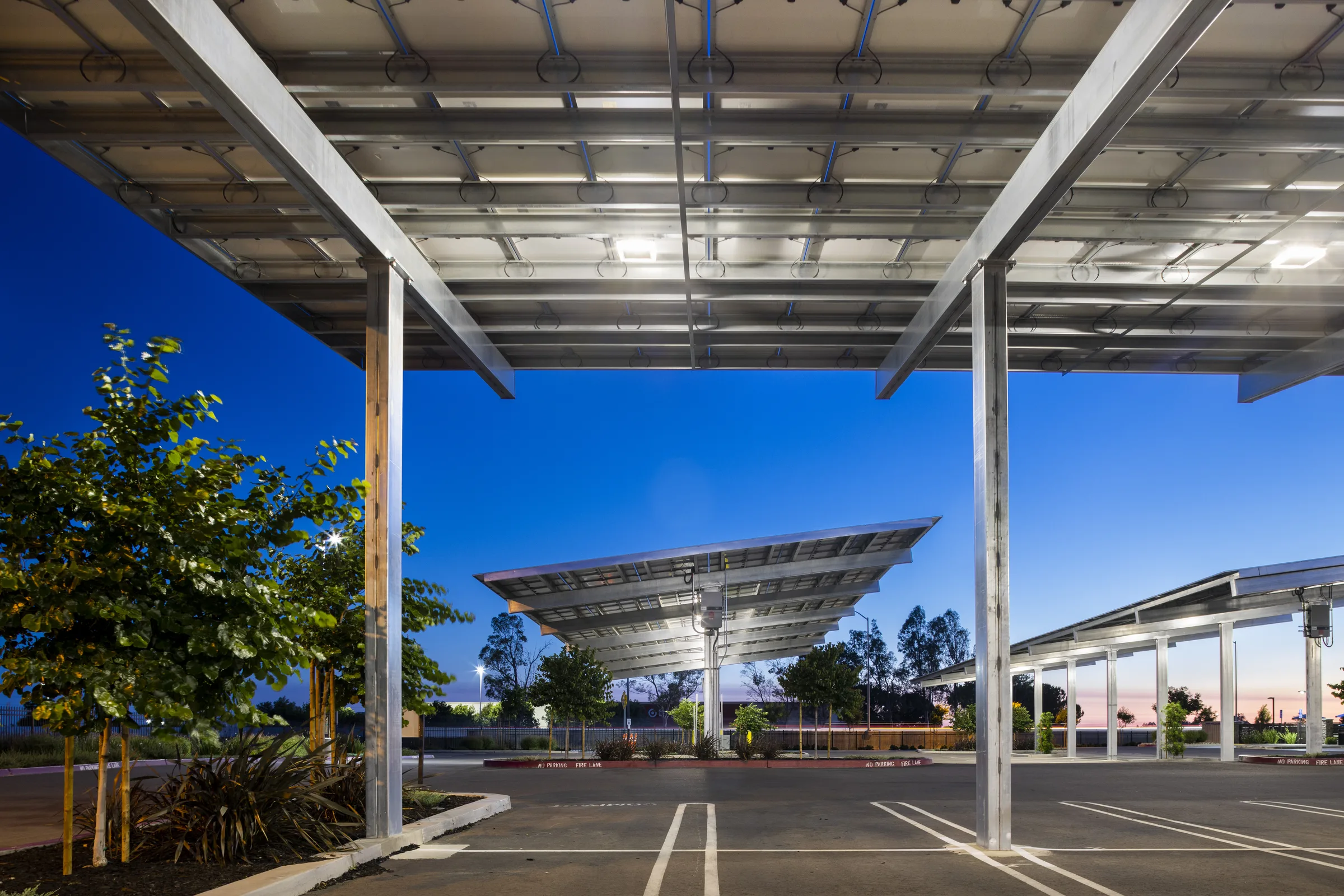 Solar carports structure in medical office building parking lot