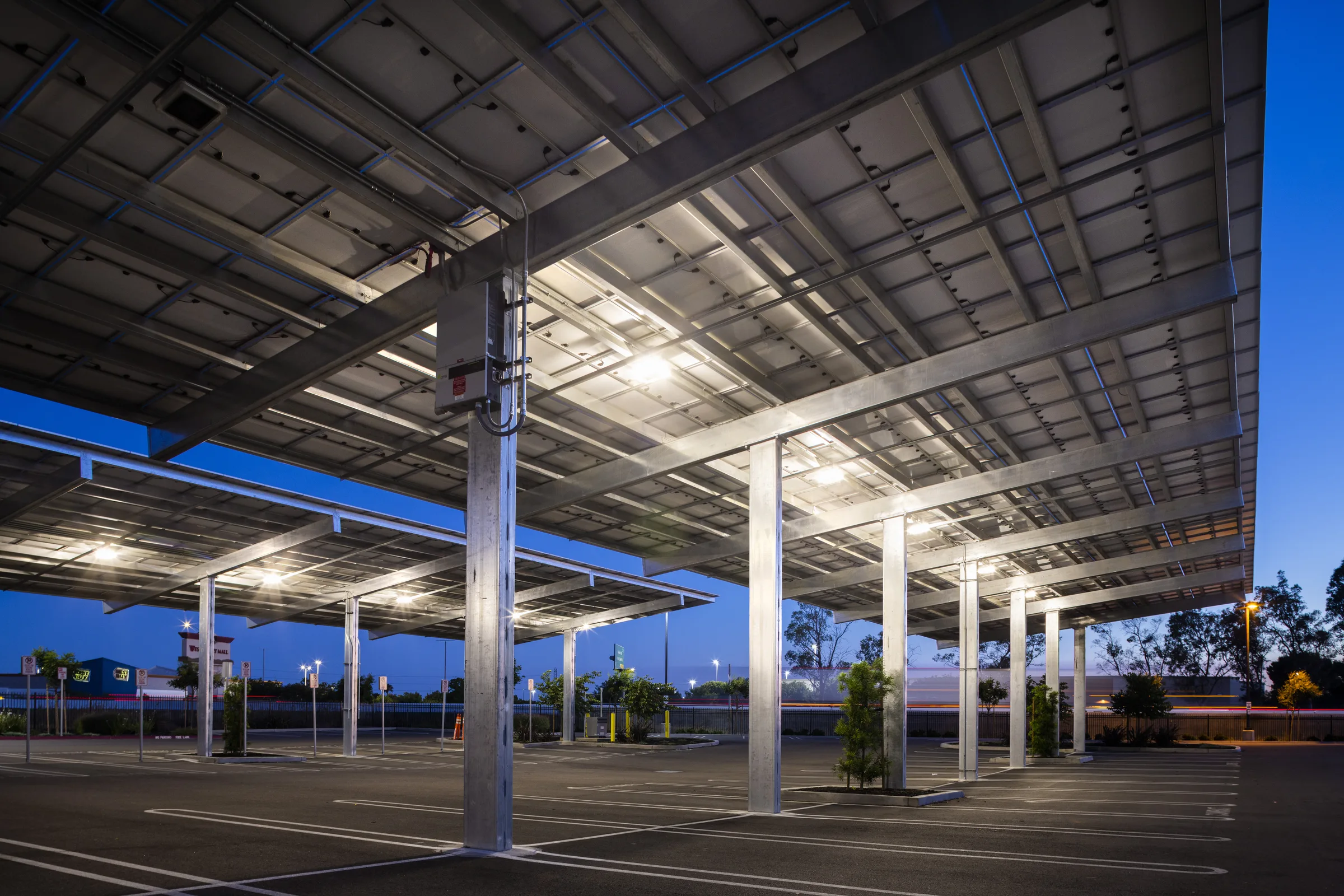 Solar carports structure in medical office building parking lot