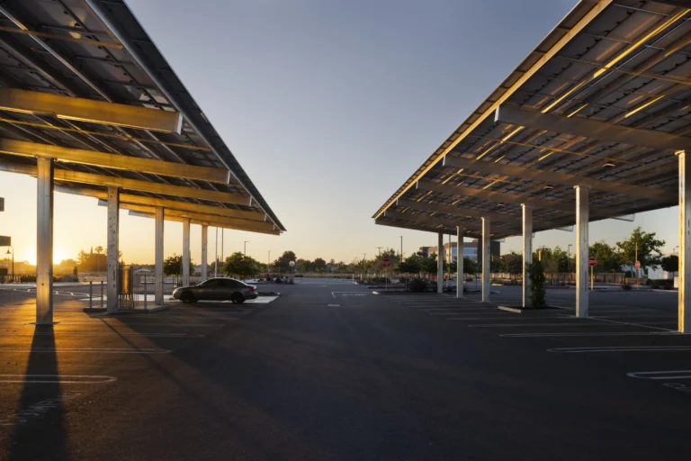 Solar carports structure in medical office building parking lot