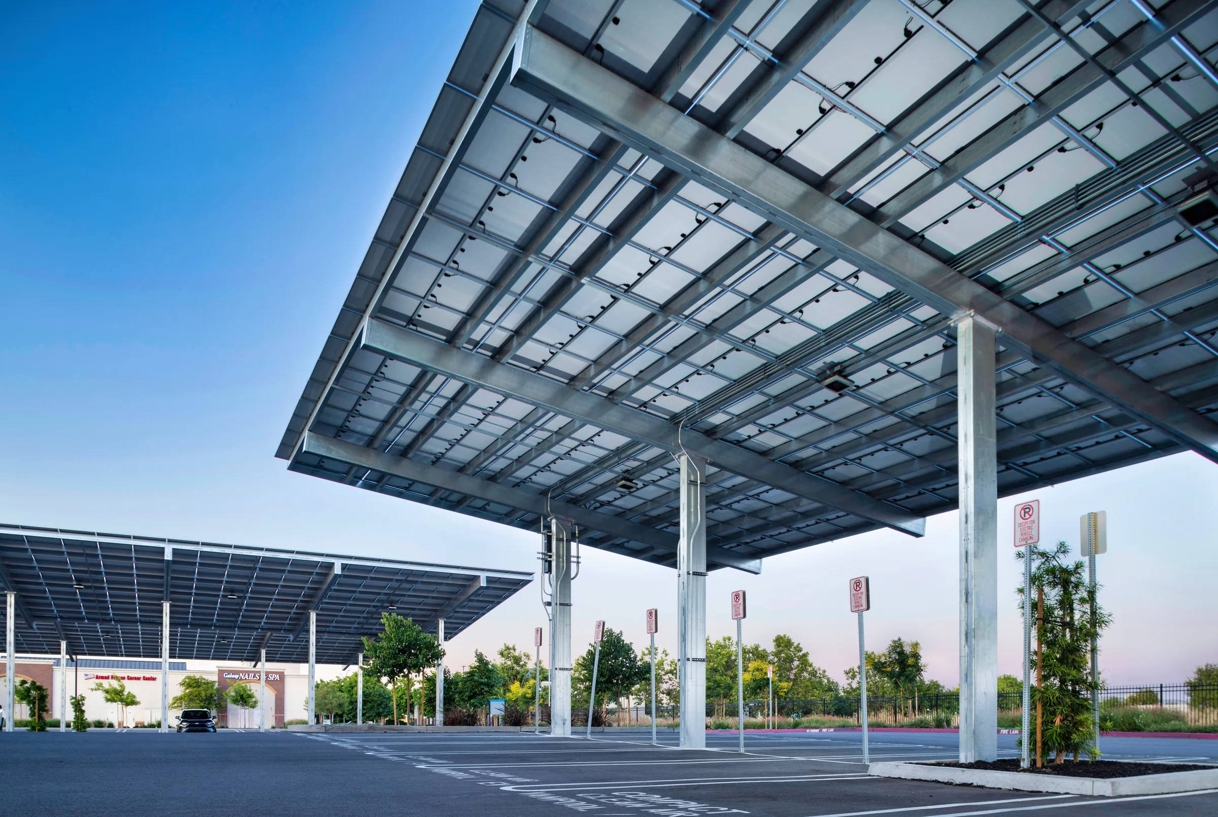 Solar carports structure in medical office building parking lot