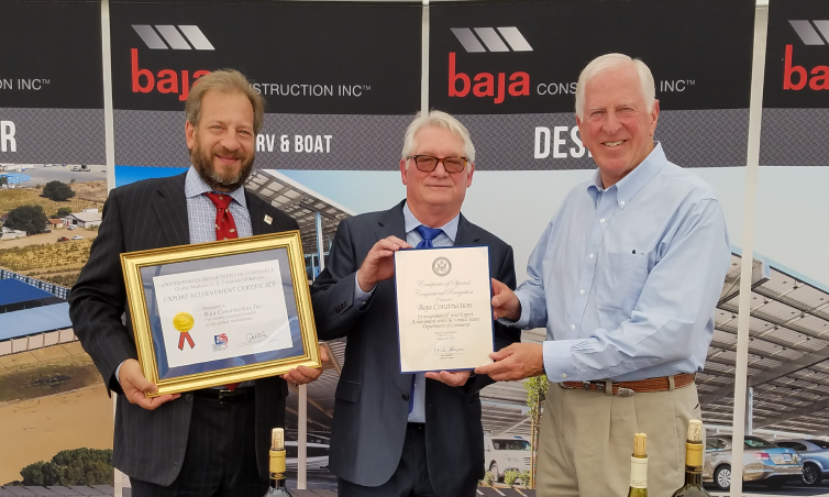 Baja leadership receiving a Export Achievement Certificate (EAC) reward presented by U.S. Department of Commerce for completing jobs in Mexico