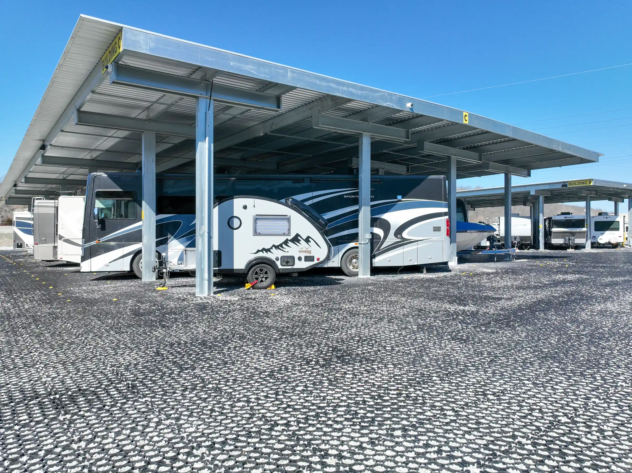 Shade carport structure in RV & Boat storage parking lot