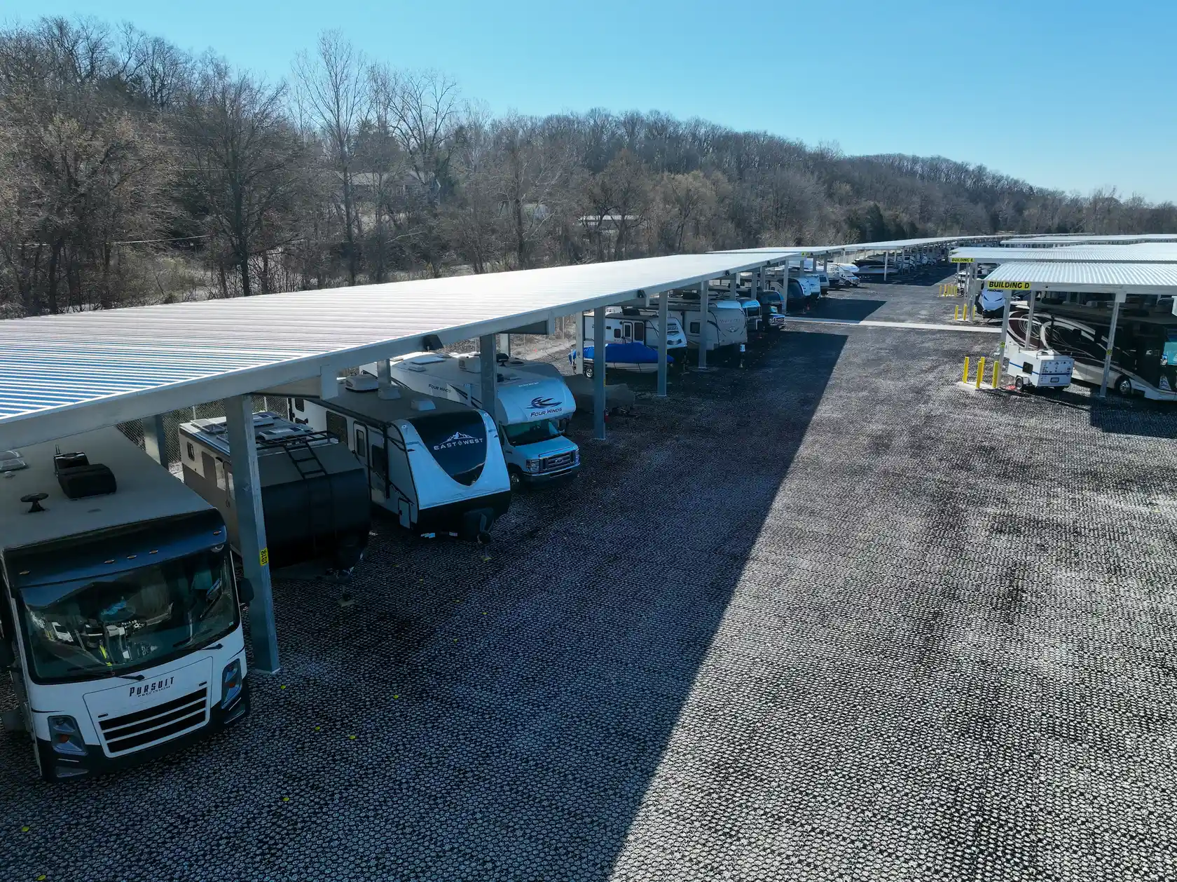 Shade carport structure in RV & Boat storage parking lot