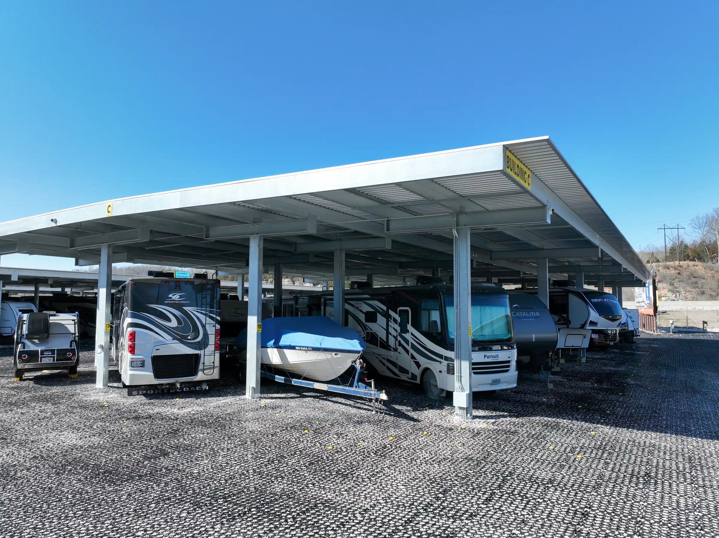 Shade carport structure in RV & Boat storage parking lot
