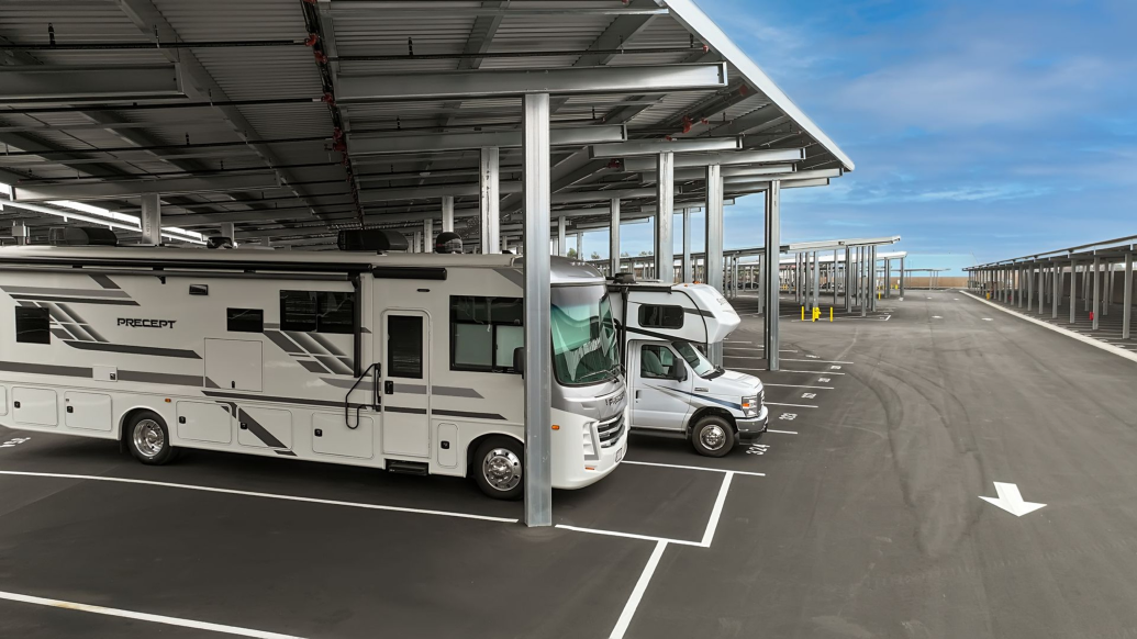 Baja Carports solar carport support structure in parking lot of Manteca RV & Boat Storage