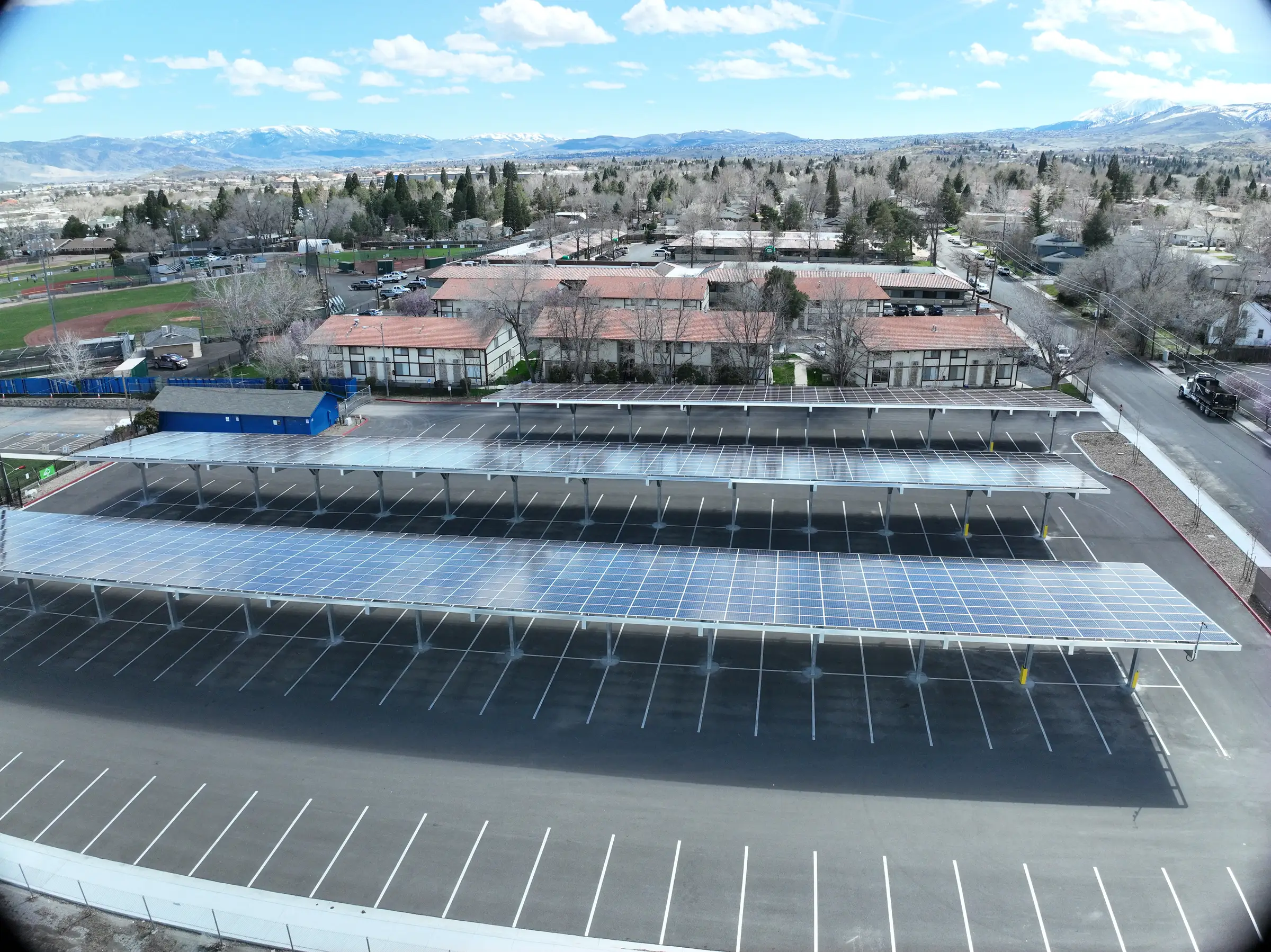Solar parking canopy structure in parking lot