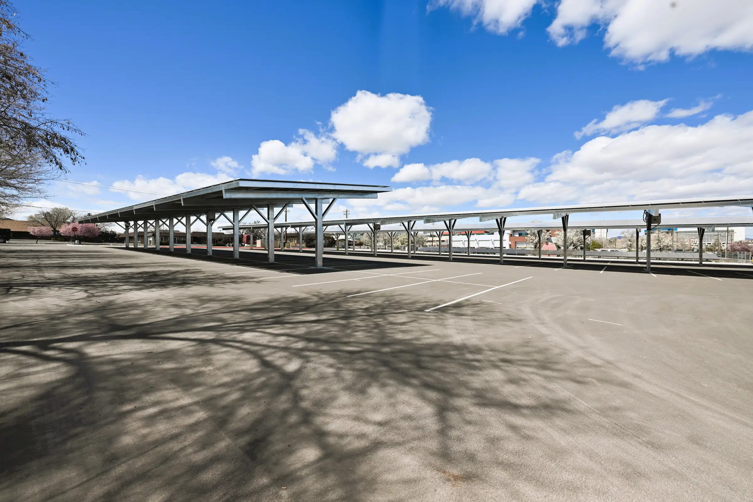 Solar parking canopy structure in parking lot